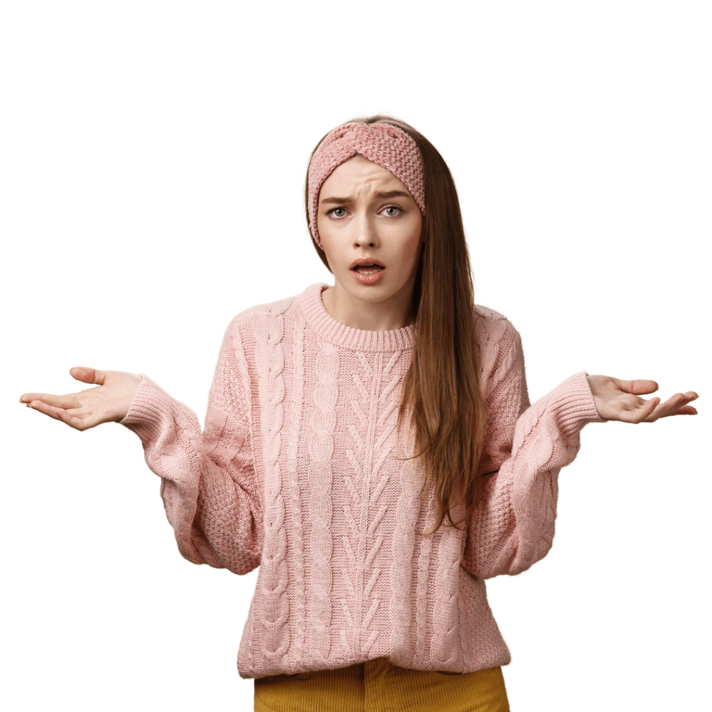 Confused woman standing with arms outstretched, symbolising confusion and questions